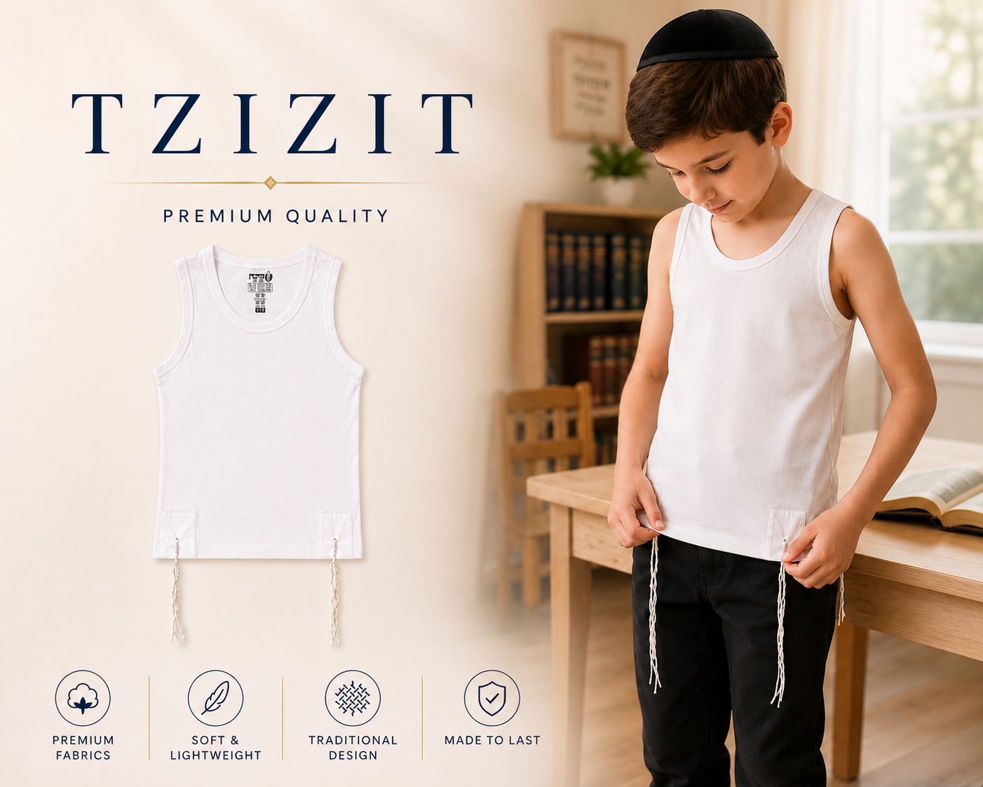 Kids Round Neck Undershirt Tzizit- Cotton