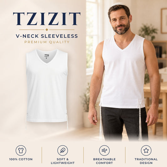 Sleeveless cotton V-neck tzitzit undershirt, adult