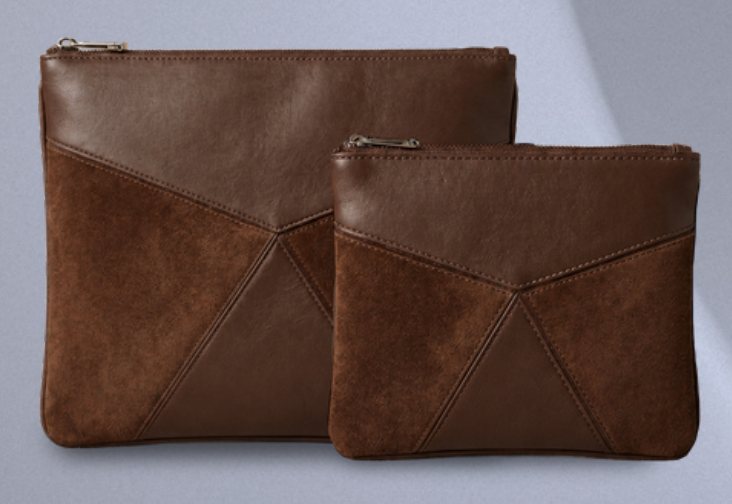 Tallit bag and tefillin bag set in brown leather with brown suede geometric envelope panels