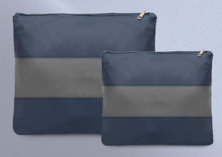 Navy & Gray Striped Leather Tallit & Tefillin Bag Set