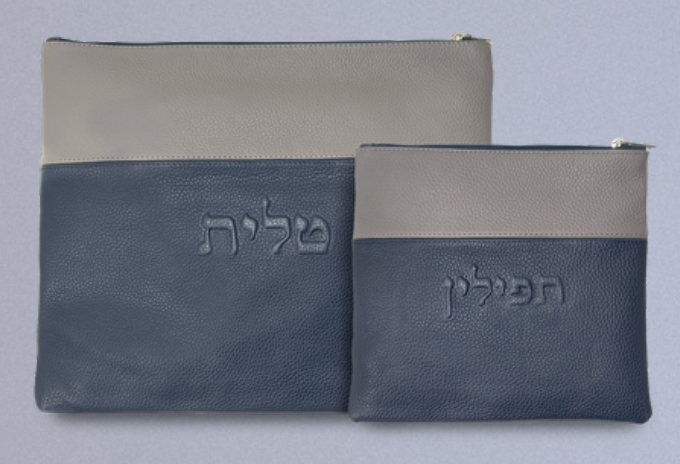 Slate Blue & Light Gray Top-Band Leather Tallit & Tefillin Bag Set