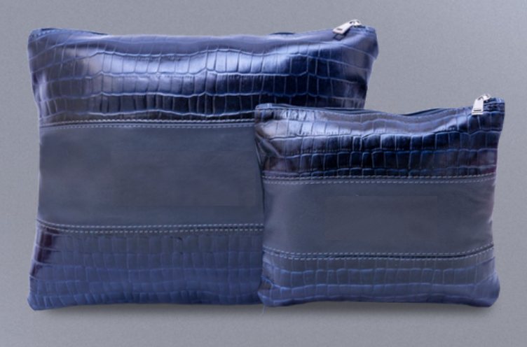 Navy Croc Center-Band Leather Tallit & Tefillin Bag Set