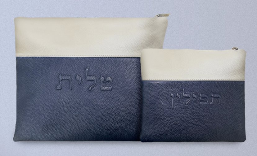 Navy & Cream Two-Tone Python Leather Tallit & Tefillin Bag Set