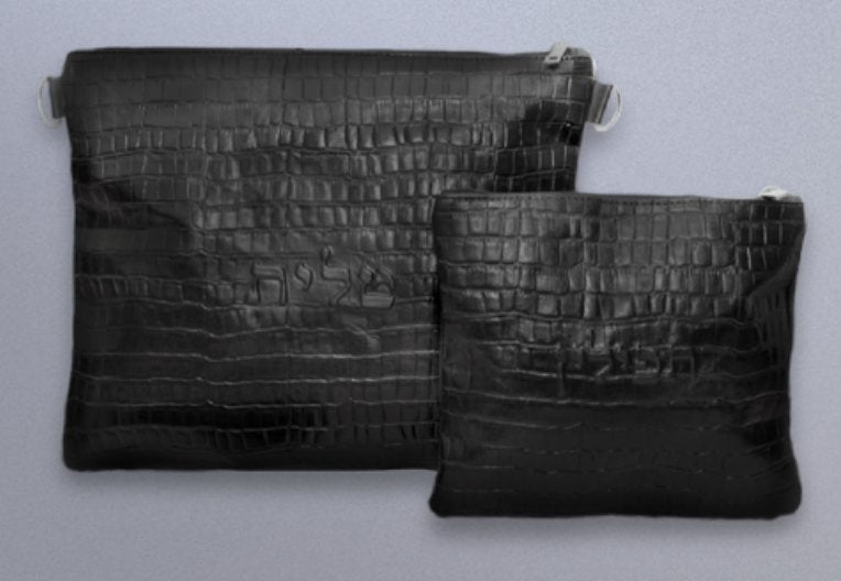 Black Croc-Embossed Leather Tallit & Tefillin Bag Set