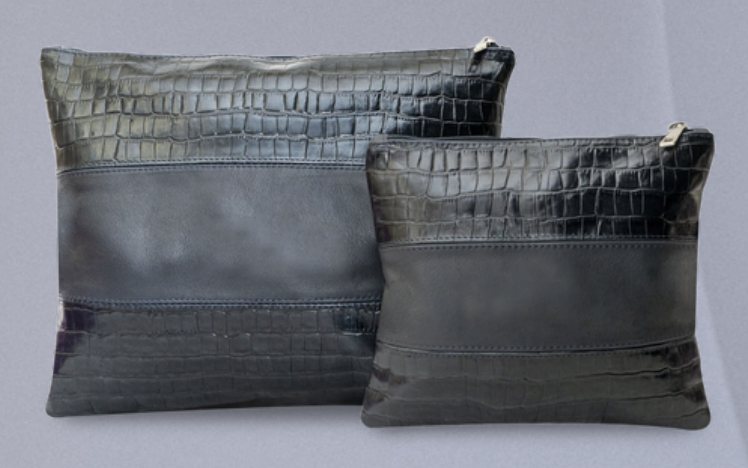 Black Croc Center-Band Leather Tallit & Tefillin Bag Set