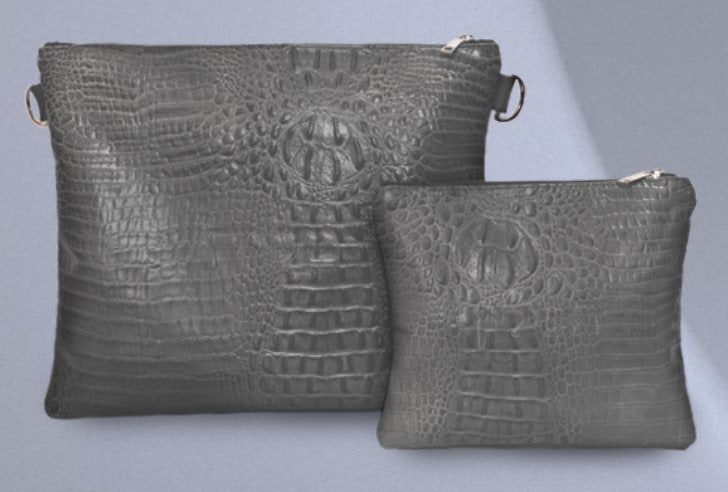 Gray Croc-Embossed Leather Tallit & Tefillin Bag Set