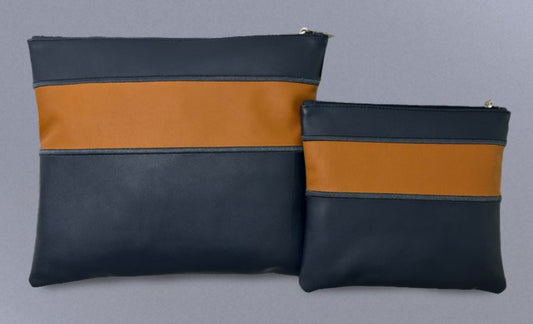 Navy & Tan Center-Band Leather Tallit & Tefillin Bag Set