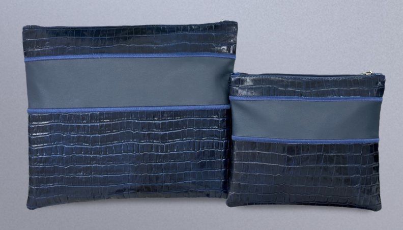 Navy & Blue Gray Croc Center-Band Leather Tallit & Tefillin Bag Set