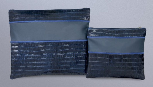 Navy & Blue Gray Croc Center-Band Leather Tallit & Tefillin Bag Set