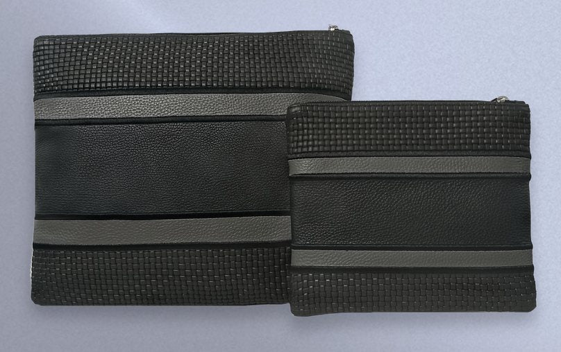 Black & Gray Woven & Suede Leather Tallit & Tefillin Bag Set