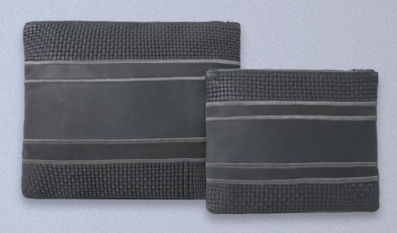 Charcoal & Gray Striped Piping Leather Tallit & Tefillin Bag Set