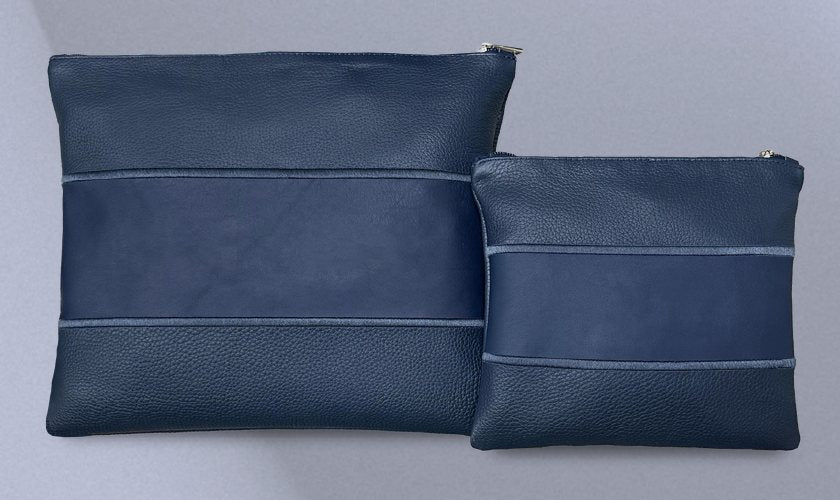 Navy & Light Blue Piped Panel Leather Tallit & Tefillin Bag Set