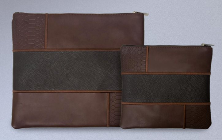 Brown & Charcoal Center-Band Leather Tallit & Tefillin Bag Set