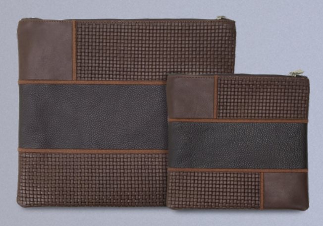 Brown & Charcoal Woven & Suede Leather Tallit & Tefillin Bag Set