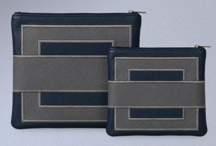 Navy & Gray Framed Leather Tallit & Tefillin Bag Set
