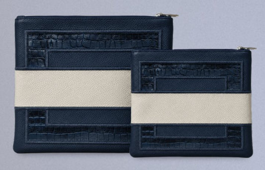 Navy & Cream Croc Framed Leather Tallit & Tefillin Bag Set