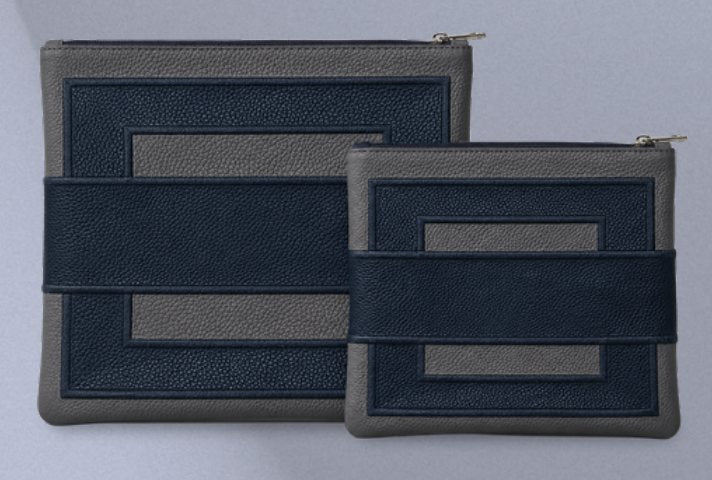Gray & Navy Framed Leather Tallit & Tefillin Bag Set