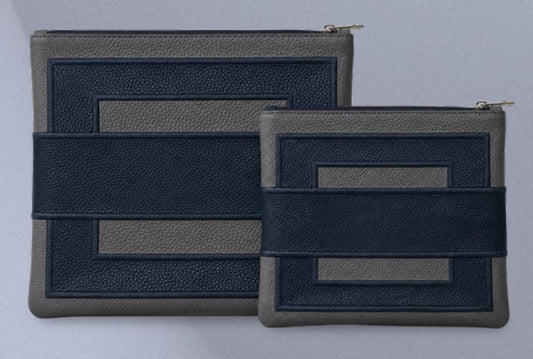 Gray & Navy Framed Leather Tallit & Tefillin Bag Set