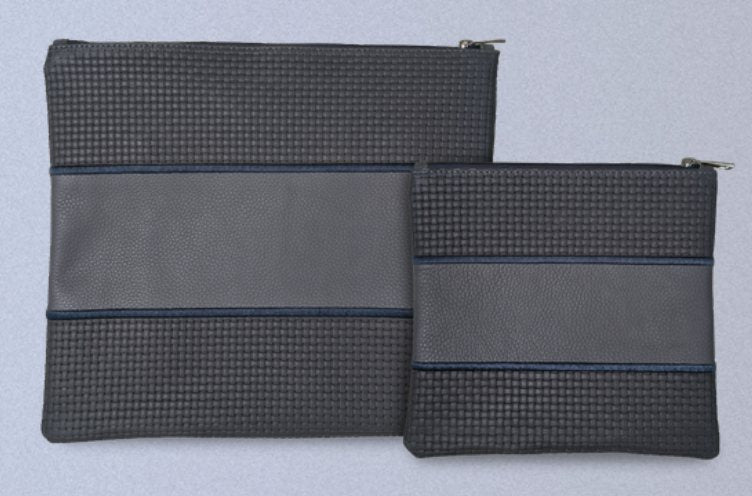 Charcoal & Navy Woven Center-Band Leather Tallit & Tefillin Bag Set