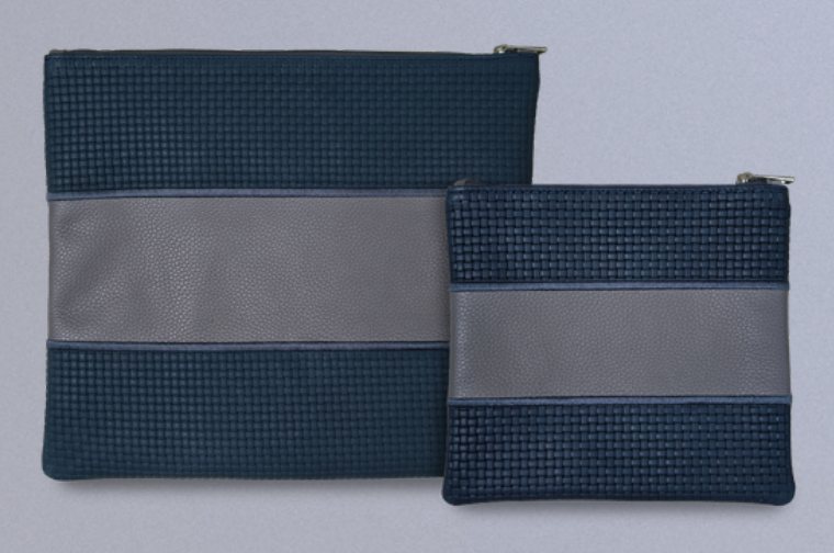 Navy & Gray Woven Center-Band Leather Tallit & Tefillin Bag Set
