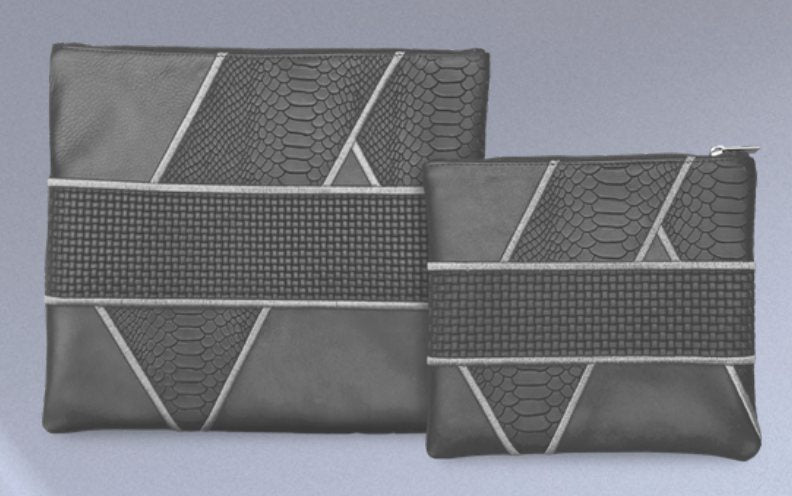 Gray Python Geometric Leather Tallit & Tefillin Bag Set