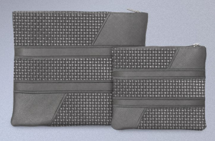 Gray Striped Leather Tallit & Tefillin Bag Set