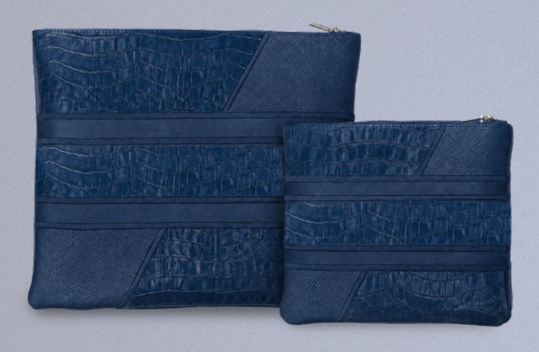 Tallit bag and tefillin bag set in navy croc-embossed and smooth leather stripes