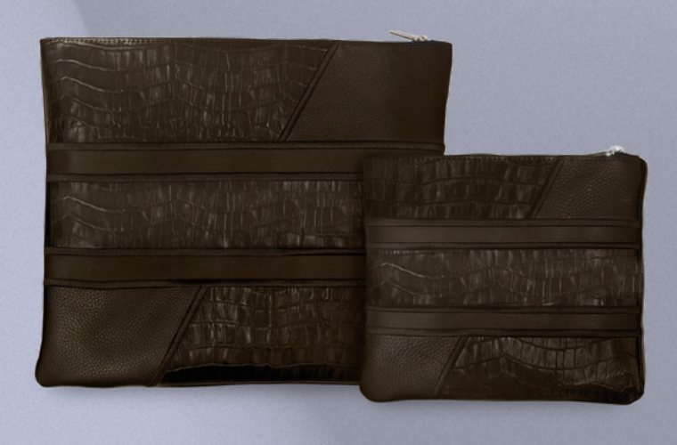 Dark Brown Croc Striped Leather Tallit & Tefillin Bag Set