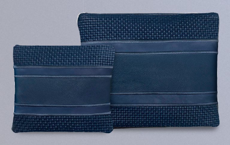 Navy Woven Center-Band Leather Tallit & Tefillin Bag Set