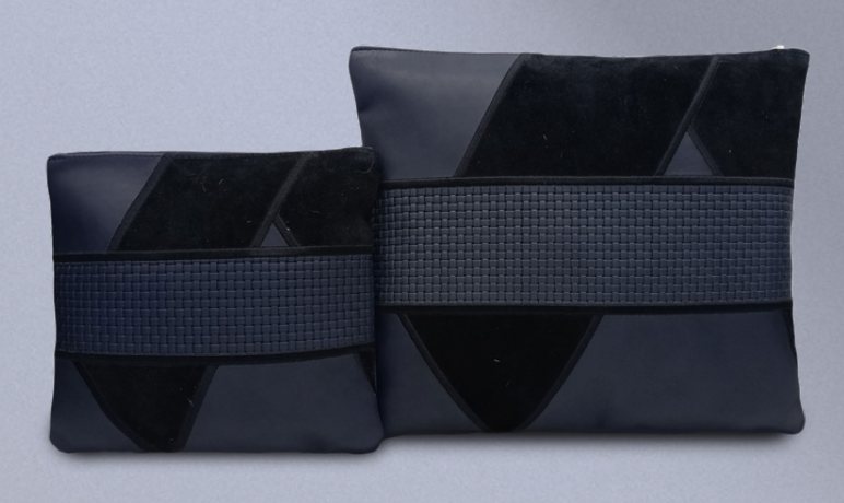 Navy & Black Geometric Suede Leather Tallit & Tefillin Bag Set