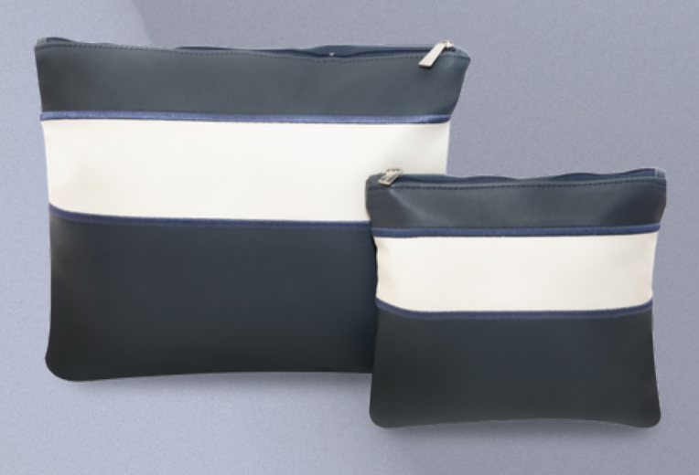 Navy & Cream Center-Band Leather Tallit & Tefillin Bag Set