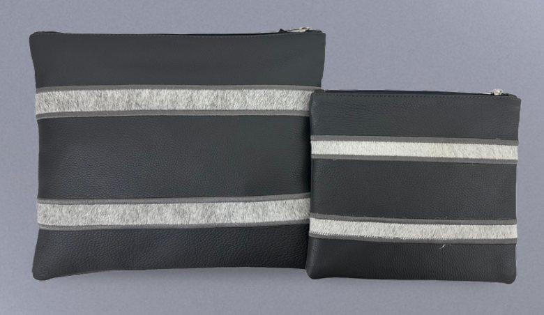 Charcoal & Gray Diagonal-Stripe Leather & Cowhide Tallit & Tefillin Bag Set