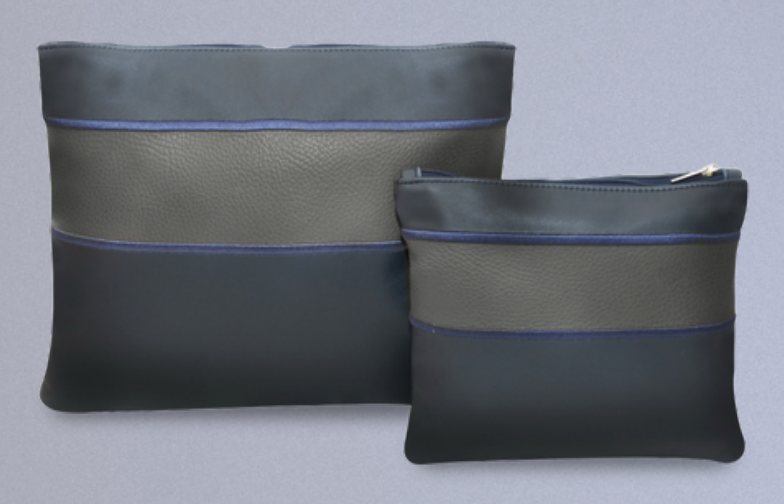 Gray & Black Striped Piping Leather Tallit & Tefillin Bag Set