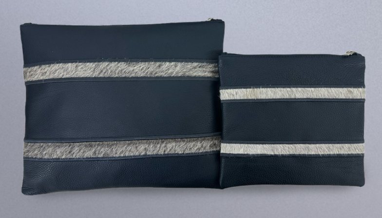 Navy & Gray Diagonal-Stripe Leather & Cowhide Tallit & Tefillin Bag Set