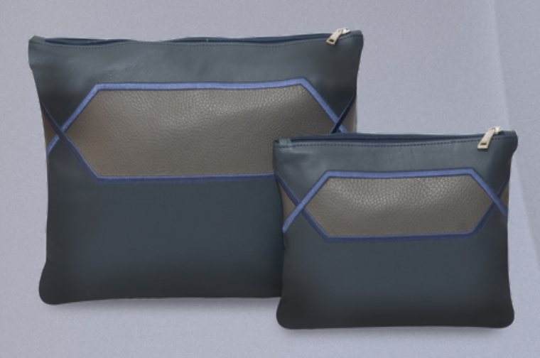 Slate & Taupe Hexagon Window Leather Tallit & Tefillin Bag Set