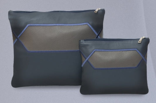 Slate & Taupe Hexagon Window Leather Tallit & Tefillin Bag Set