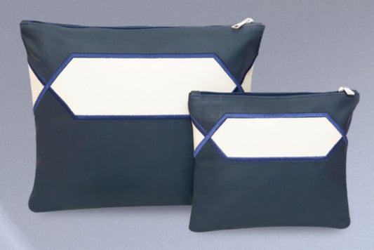 Navy & Cream Hexagon Window Leather Tallit & Tefillin Bag Set
