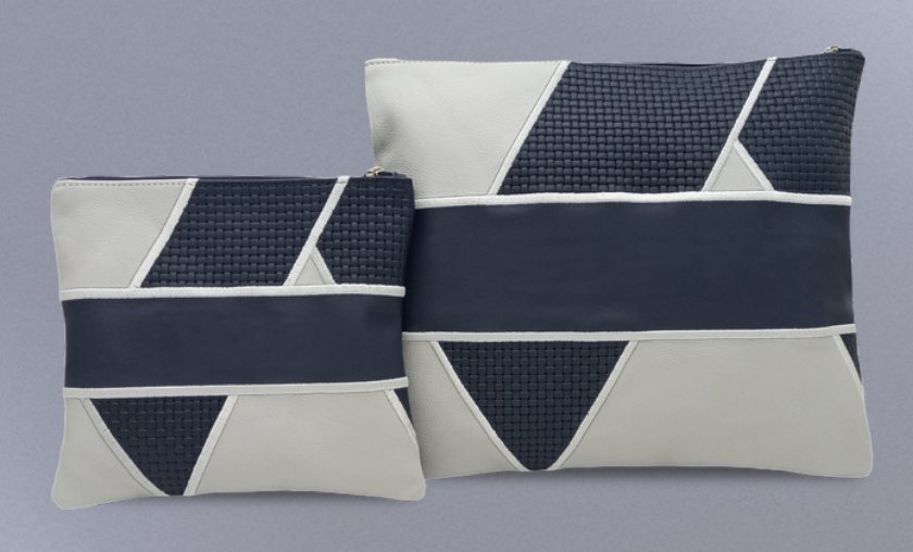 Light Gray & Navy Geometric Leather Tallit & Tefillin Bag Set