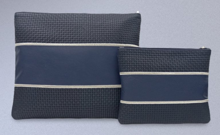 Navy & Cream Woven Center-Band Leather Tallit & Tefillin Bag Set