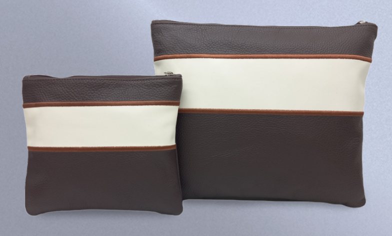Dark Brown & Cream Center-Band Leather Tallit & Tefillin Bag Set