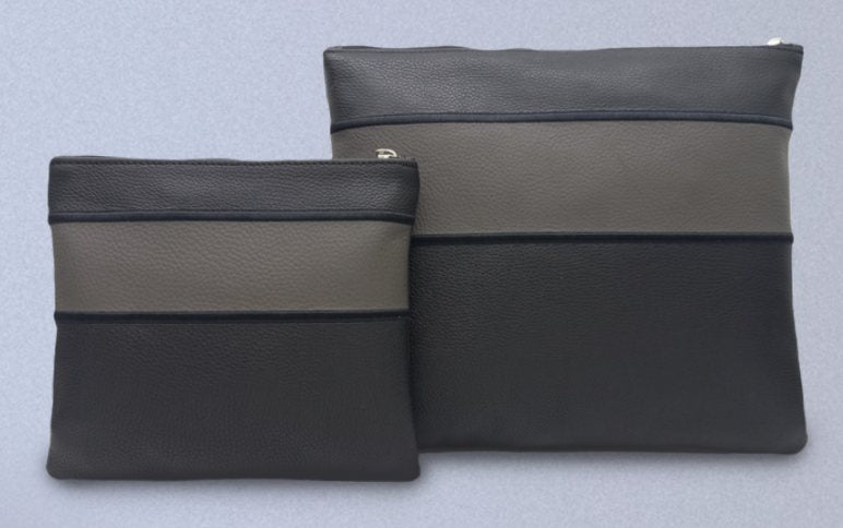 Charcoal & Gray Top-Band Leather Tallit & Tefillin Bag Set