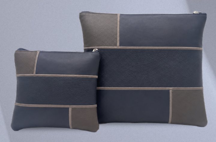 Navy & Gray Piped Panel Leather Tallit & Tefillin Bag Set