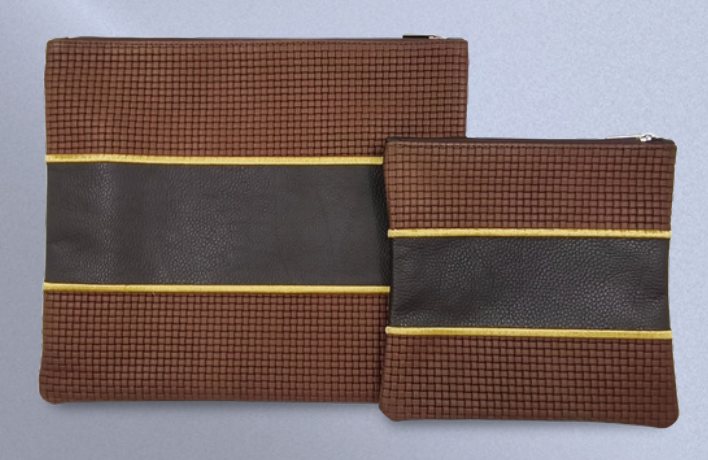 Brown & Gold Woven Center-Band Leather Tallit & Tefillin Bag Set