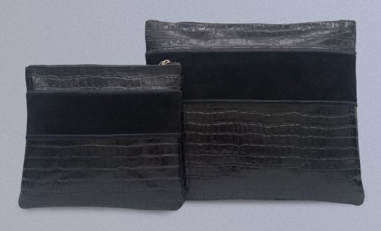 Black Croc & Suede Leather Tallit & Tefillin Bag Set