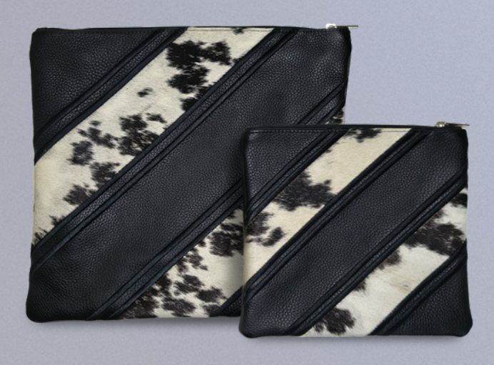 Black & Black-White Diagonal-Stripe Leather & Cowhide Tallit & Tefillin Bag Set
