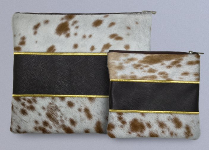 Black & White-Brown Leather & Cowhide Tallit & Tefillin Bag Set
