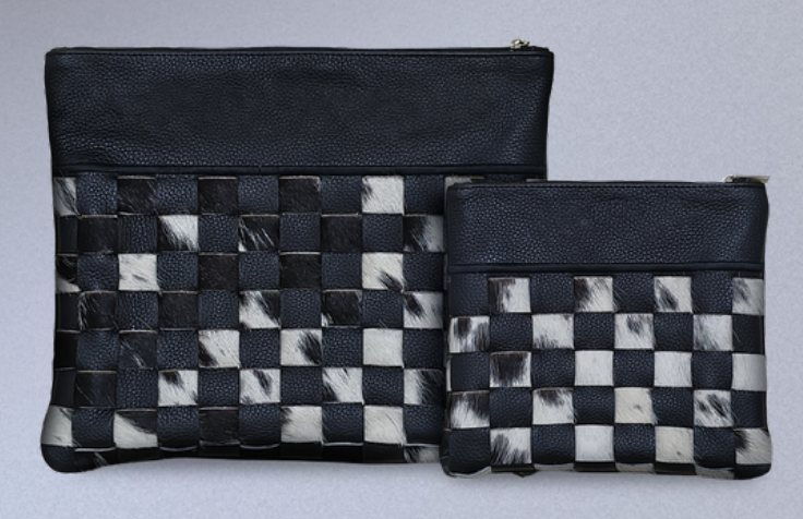 Navy & Black-White Checkerboard Leather & Cowhide Tallit & Tefillin Bag Set