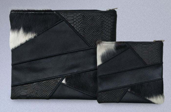 Black & Black-White Patchwork Leather & Cowhide Tallit & Tefillin Bag Set
