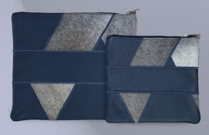 Navy & Gray Triangle Leather & Cowhide Tallit & Tefillin Bag Set