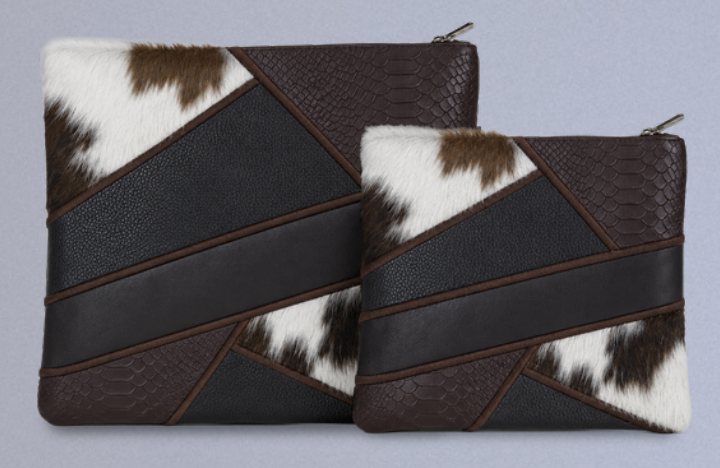 Black-Brown & Brown-White Patchwork Leather & Cowhide Tallit & Tefillin Bag Set
